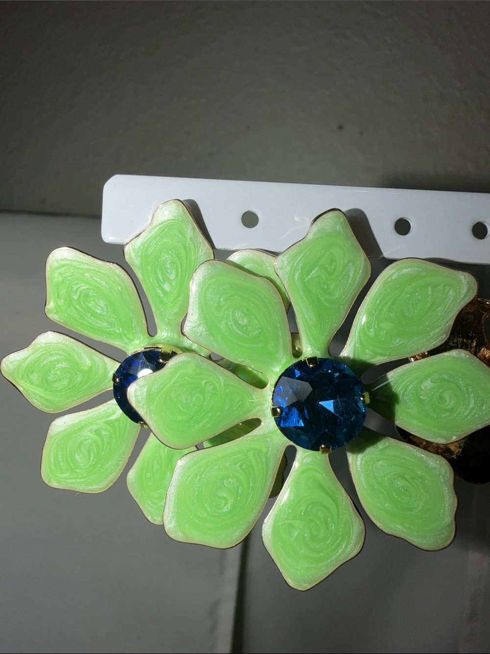 Earrings Lime Green Floral Wall Accent with Blue Gem Center